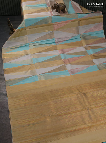 Pure kanchipuram silk saree teal blue cream and sandal with allover geometric weaves in borderless style