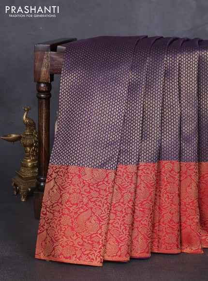 Pure kanchipuram silk saree violet and red with allover zari woven brocade weaves and long zari woven brocade border