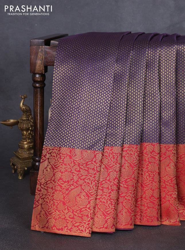 Pure kanchipuram silk saree violet and red with allover zari woven brocade weaves and long zari woven brocade border