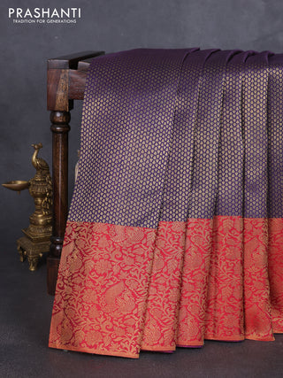 Pure kanchipuram silk saree violet and red with allover zari woven brocade weaves and long zari woven brocade border