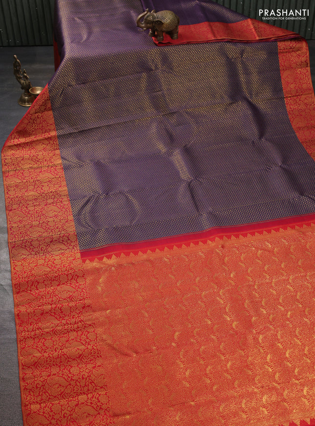 Pure kanchipuram silk saree violet and red with allover zari woven brocade weaves and long zari woven brocade border