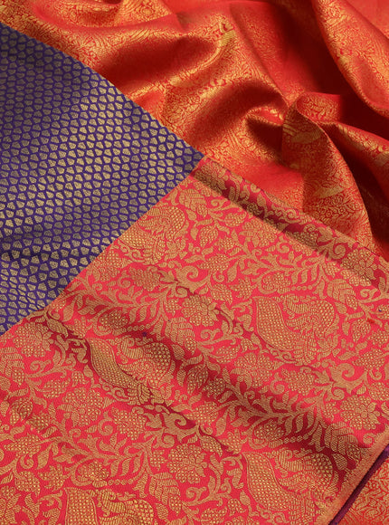 Pure kanchipuram silk saree violet and red with allover zari woven brocade weaves and long zari woven brocade border