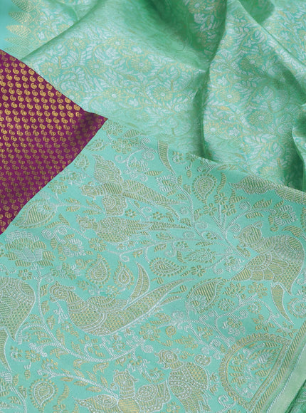 Pure kanchipuram silk saree purple and teal with allover zari woven paisley brocade weaves and long zari woven brocade border