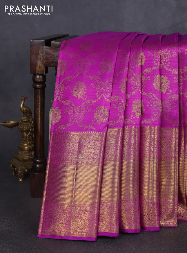 Pure kanchipuram silk saree pink with allover zari woven brocade weaves and long annam zari woven border