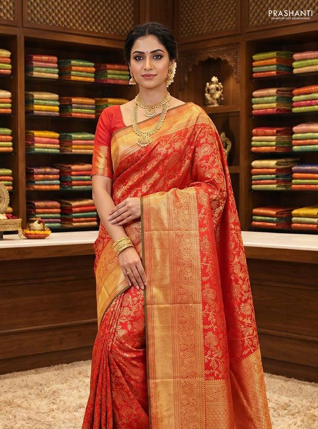 Pure kanchipuram silk saree red with allover zari woven brocade weaves and long rich zari woven border