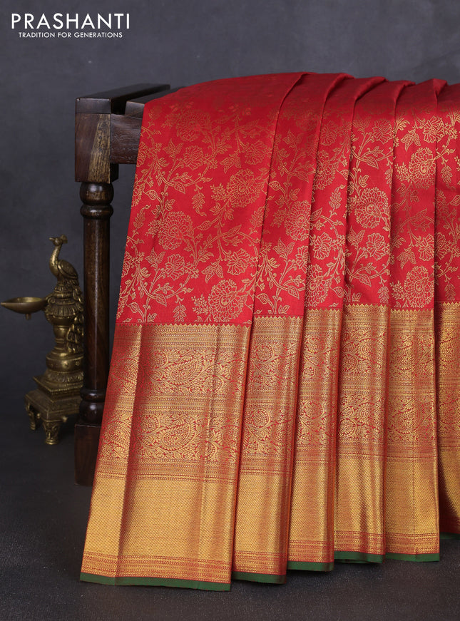 Pure kanchipuram silk saree red with allover zari woven brocade weaves and long rich zari woven border