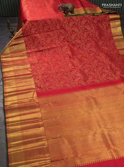 Pure kanchipuram silk saree red with allover zari woven brocade weaves and long rich zari woven border