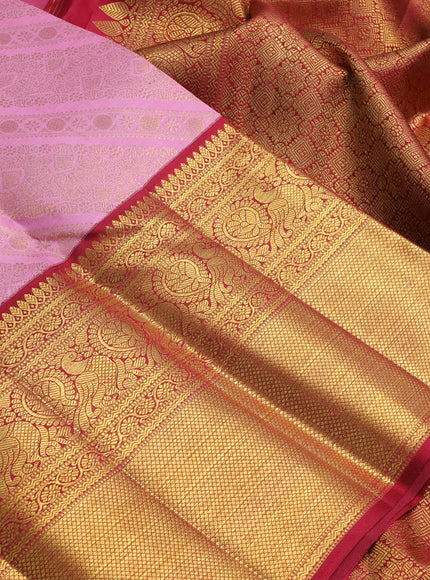 Pure kanchipuram silk saree light pink and maroon with allover zari woven brocade weaves and long zari woven border