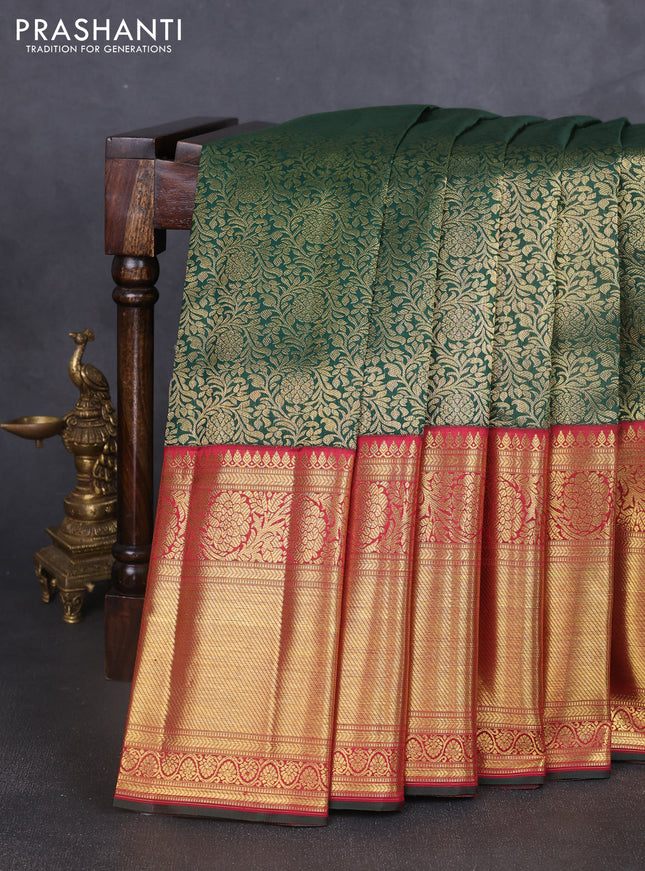 Pure kanchipuram silk saree bottle green and maroon with allover zari woven brocade weaves and long zari woven border