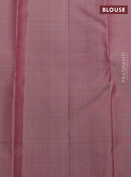Pure kanchipuram silk saree teal blue and dual shade of magenta pink with allover small zari checked pattern and temple design zari woven border