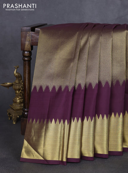 Pure kanchipuram silk saree deep purple with allover zari woven brocade weaves and temple design zari woven border
