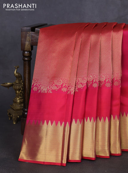 Pure kanchipuram silk saree pink with allover zari woven brocade weaves and temple design zari woven border