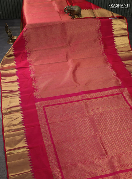 Pure kanchipuram silk saree pink with allover zari woven brocade weaves and temple design zari woven border