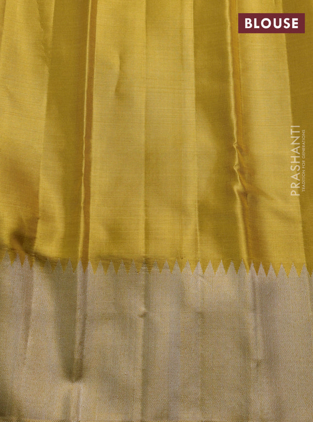 Kora kanchipuram silk saree gold with rudhraksha & annam silver zari woven buttas and long silver zari woven border