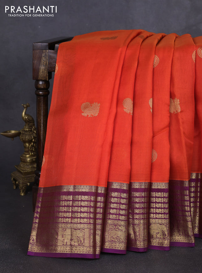 Kora kanchipuram silk saree orange and purple with rudhraksha & annam zari woven buttas and rich zari woven border