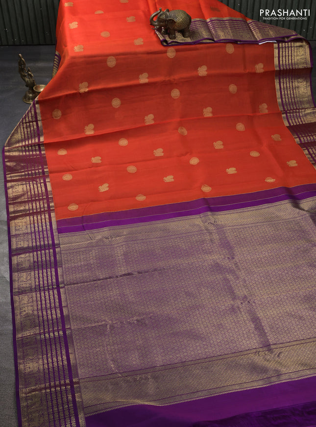 Kora kanchipuram silk saree orange and purple with rudhraksha & annam zari woven buttas and rich zari woven border