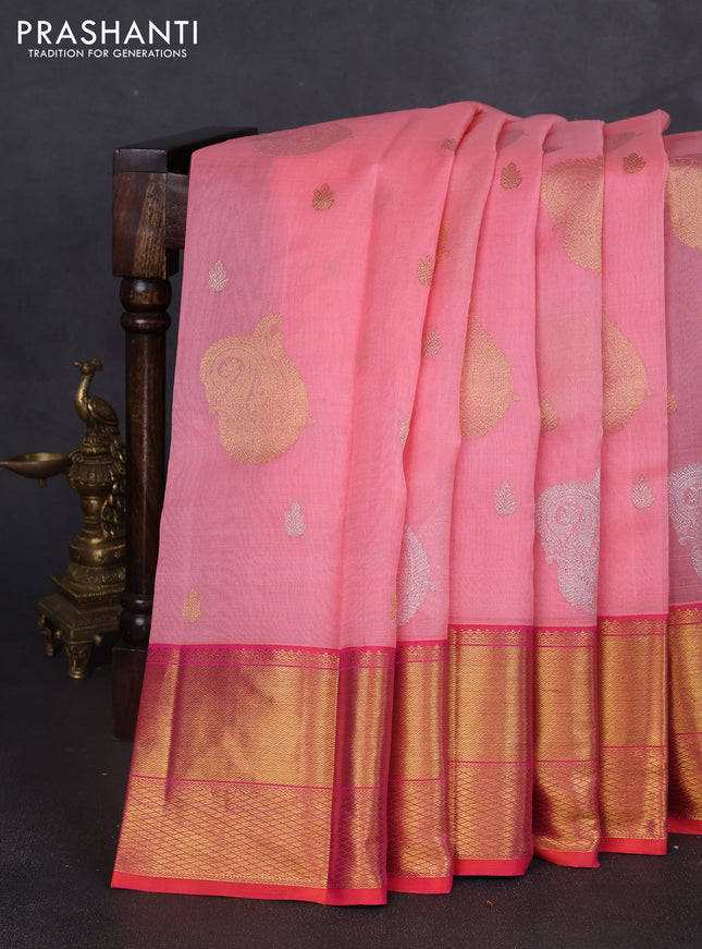 Kora kanchipuram silk saree peach pink and dual shade of pinkish orange with silver & gold zari woven buttas and zari woven border