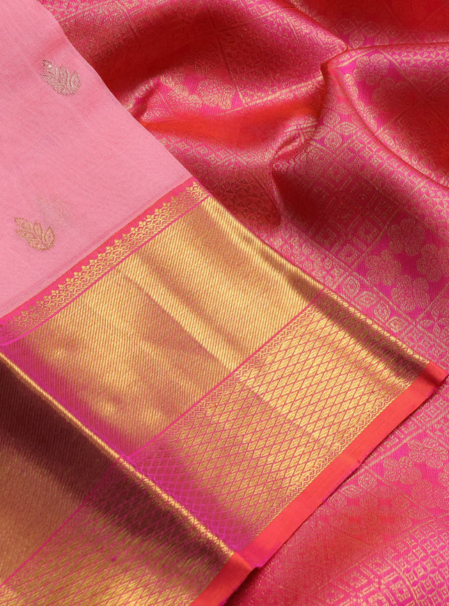 Kora kanchipuram silk saree peach pink and dual shade of pinkish orange with silver & gold zari woven buttas and zari woven border