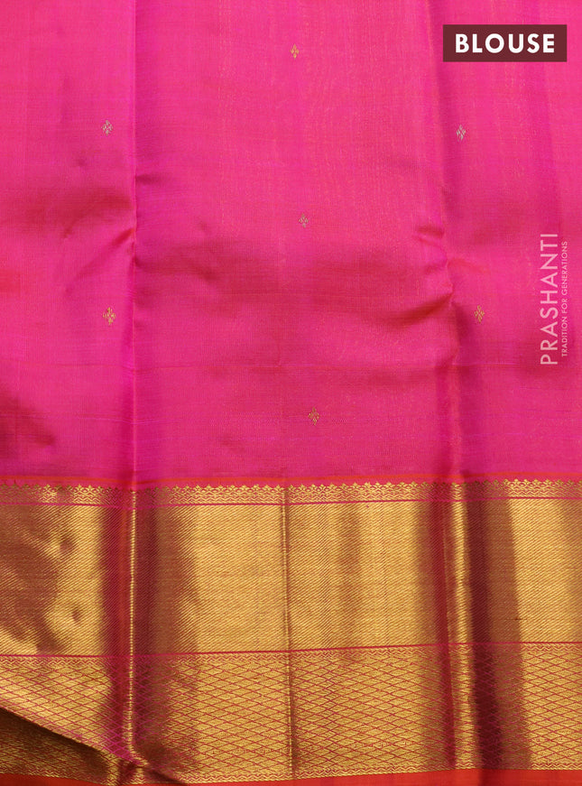 Kora kanchipuram silk saree peach pink and dual shade of pinkish orange with silver & gold zari woven buttas and zari woven border