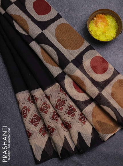Kota doria saree black and beige with plain body and long printed border