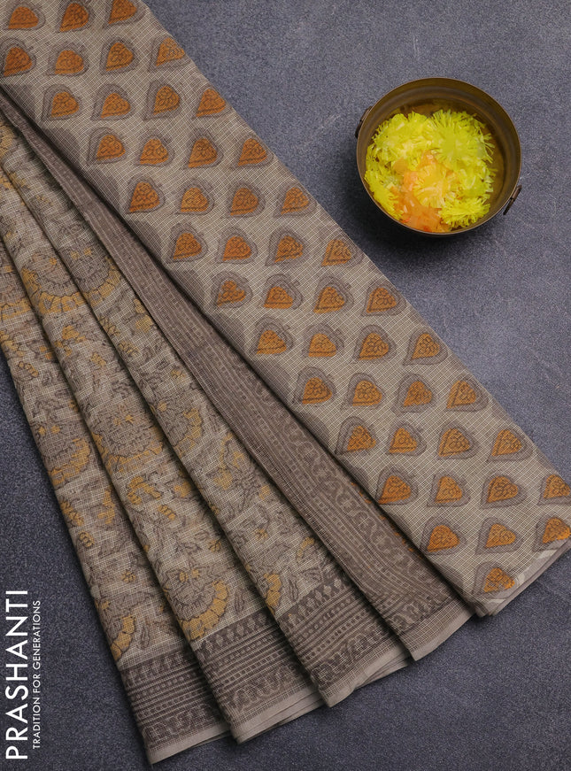 Kota doria saree beige and grey with allover prints and printed border