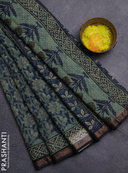 Kota doria saree blue and black with allover kalamkari prints and printed border