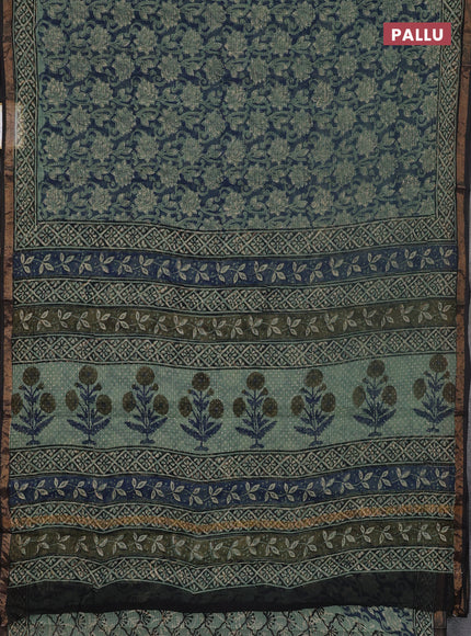 Kota doria saree blue and black with allover kalamkari prints and printed border