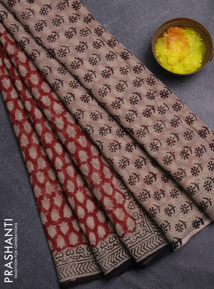 Kota doria saree maroon and black with allover prints and printed border