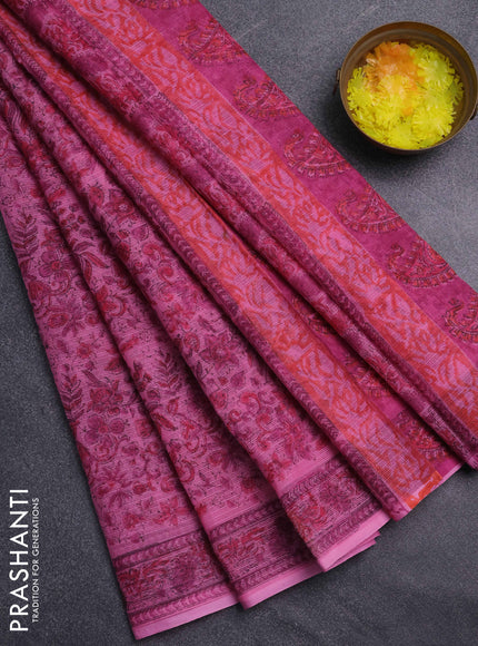 Kota doria saree pink with allover prints and printed border