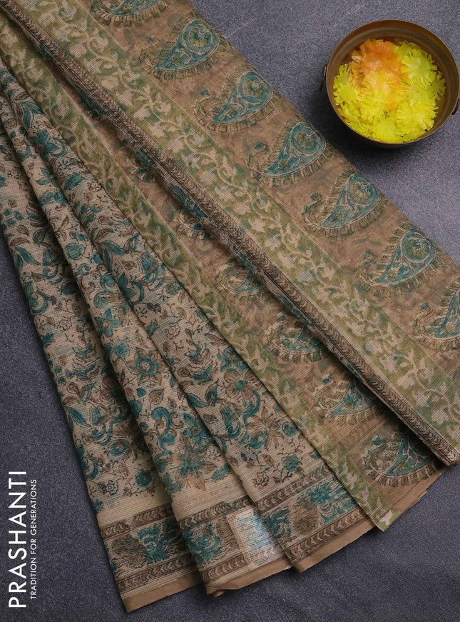 Kota doria saree green and sandal with allover prints and printed border