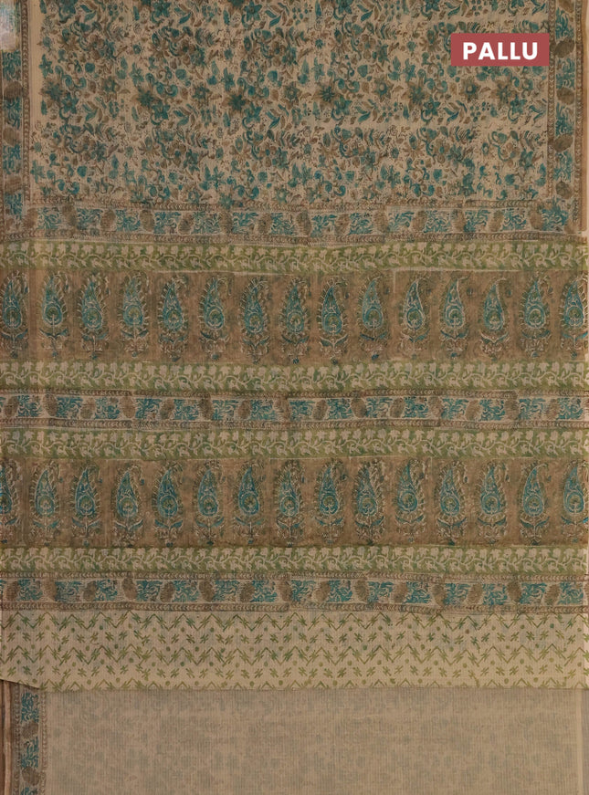 Kota doria saree green and sandal with allover prints and printed border