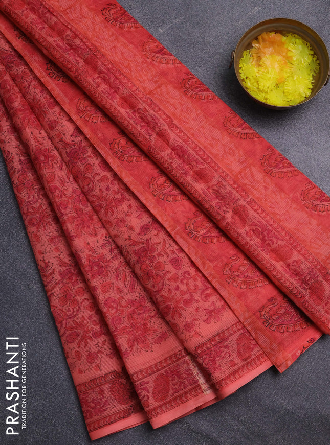 Kota doria saree peach shade with allover prints and printed border