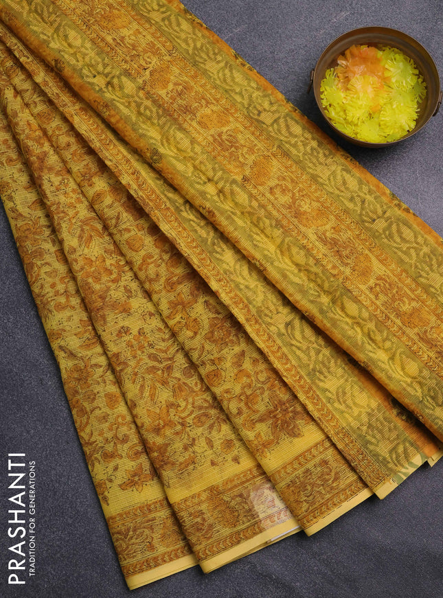 Kota doria saree yellow with allover prints and printed border