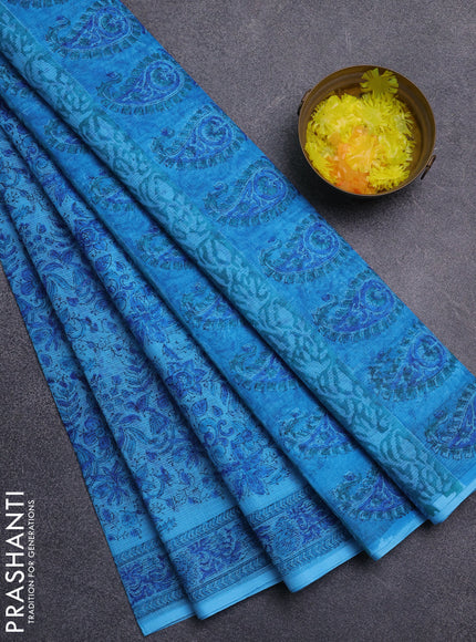 Kota doria saree cs blue with allover prints and printed border