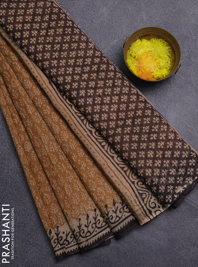 Kota doria saree mustard yellow and coffee brown with allover butta prints and printed border