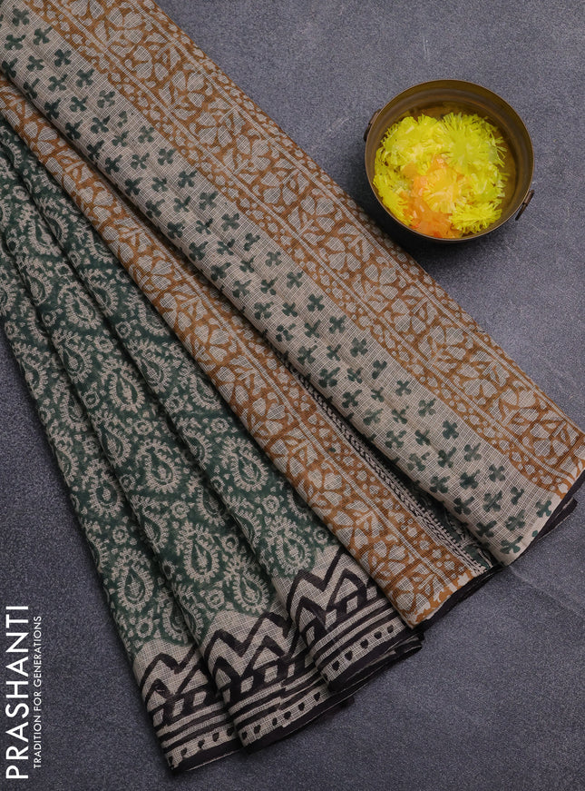 Kota doria saree green and black with allover prints and printed border