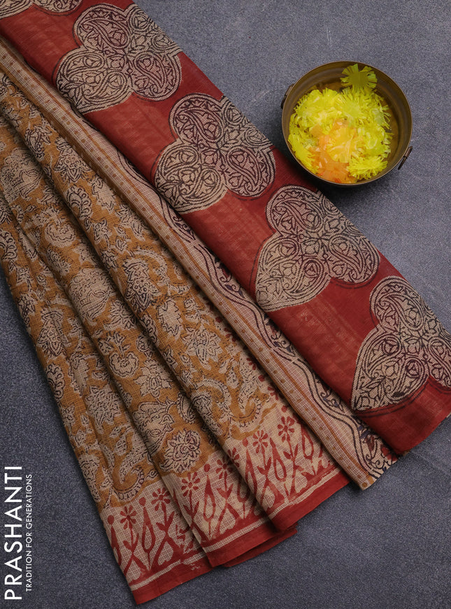 Kota doria saree mustard yellow and rust shade with allover prints and printed border
