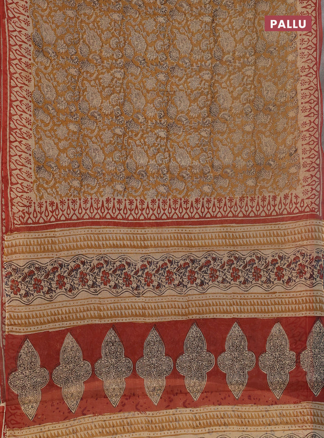 Kota doria saree mustard yellow and rust shade with allover prints and printed border