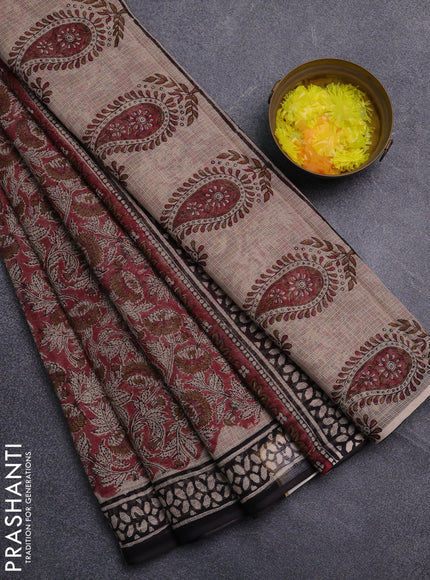Kota doria saree maroon and black with allover prints and printed border