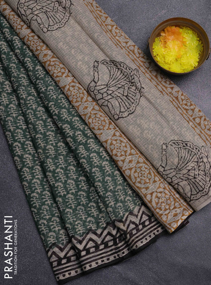 Kota doria saree green and black with allover butta prints and printed border