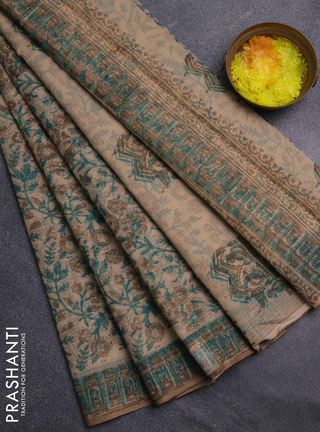 Kota doria saree green and sandal with allover prints and printed border