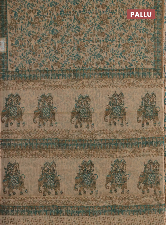 Kota doria saree green and sandal with allover prints and printed border