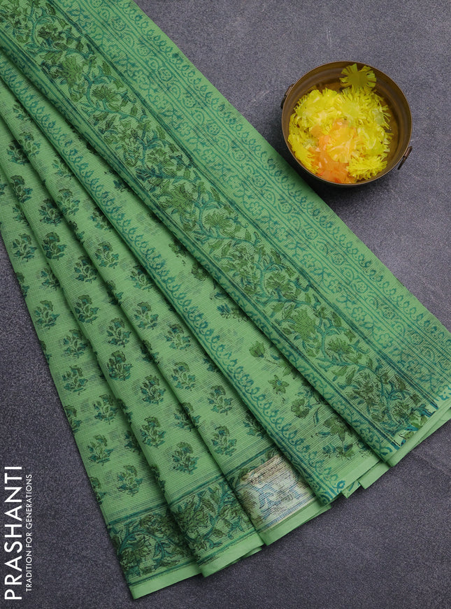Kota doria saree light green with allover butta prints and printed border