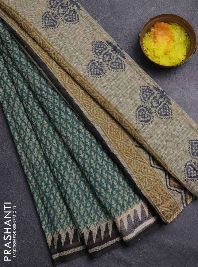 Kota doria saree green and black with allover prints and printed border