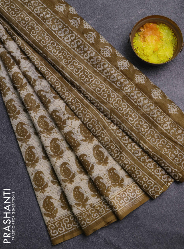 Kota doria saree off white and mehendi green with allover butta prints and printed border