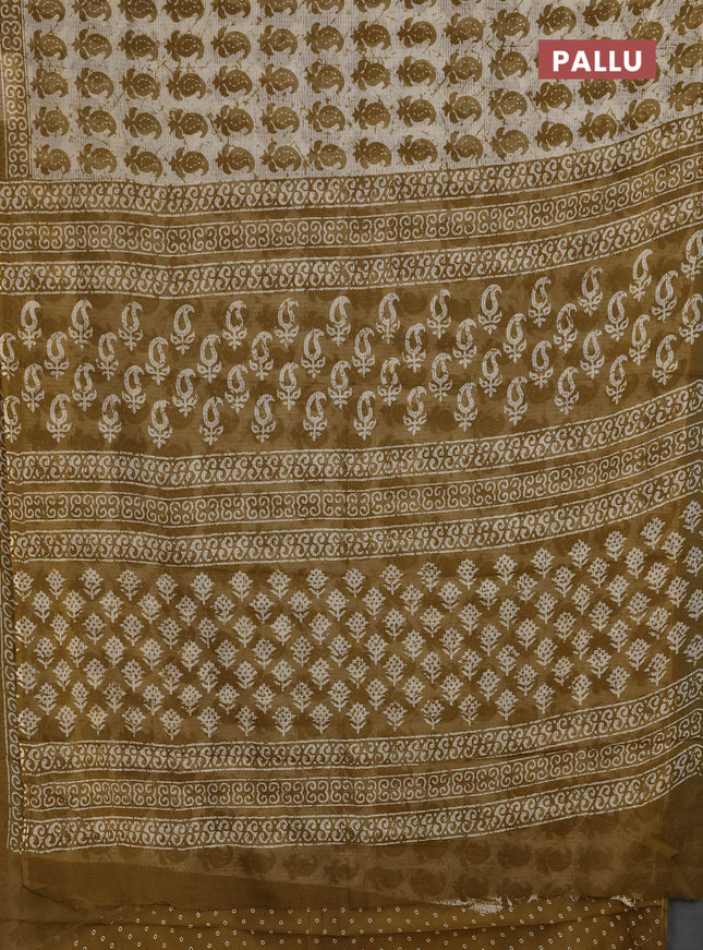 Kota doria saree off white and mehendi green with allover butta prints and printed border