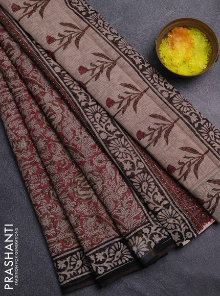 Kota doria saree maroon and black with allover prints and printed border