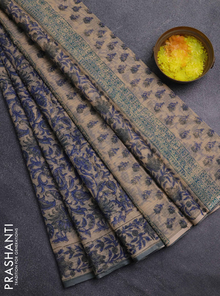 Kota doria saree sandal and blue with allover prints and printed border