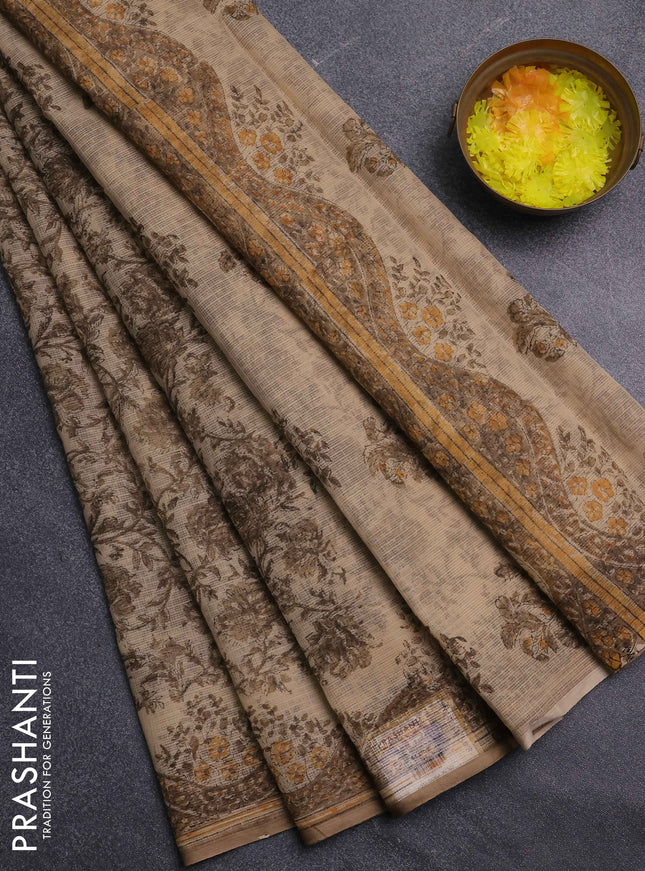 Kota doria saree brown with allover prints and printed border