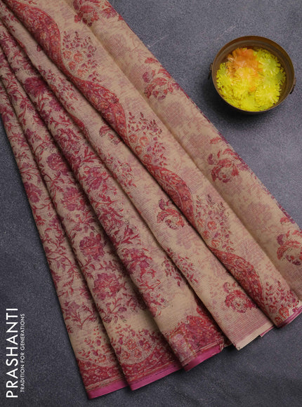 Kota doria saree sandal and mauve pink with allover prints and printed border